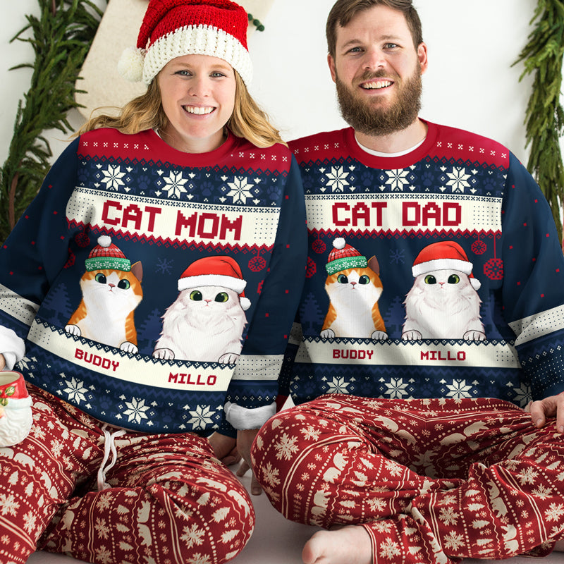 Merry Christmas Cat Dad Cat Mom - Personalized Custom Unisex Ugly Christmas Sweatshirt, Wool Sweatshirt, All-Over-Print Sweatshirt - Gift For Cat Lovers, Pet Lovers, Christmas New Arrival Gift