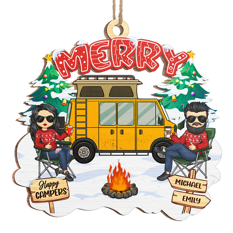 Merry Happy Campers - Couple Personalized Custom Ornament - Wood Custom Shaped - Christmas Gift For Husband Wife, Anniversary, Camping Lovers
