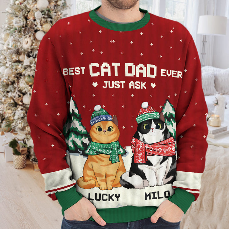 Best Cat Mom & Cat Dad Ever - Personalized Custom Unisex Ugly Christmas Sweatshirt, Wool Sweatshirt, All-Over-Print Sweatshirt - Gift For Cat Lovers, Pet Lovers, Christmas Gift