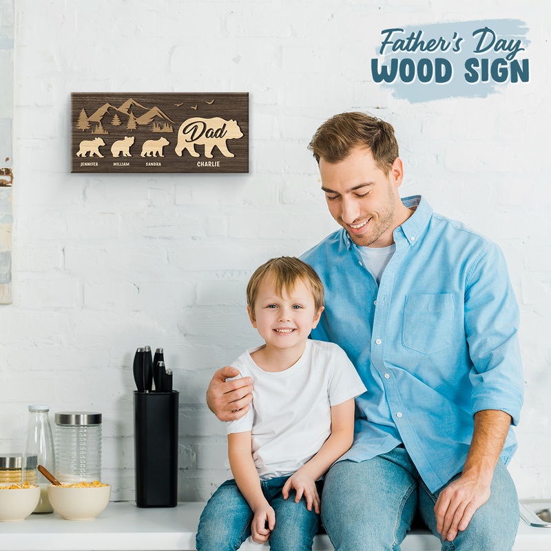 Custom Name Bear Family Mountain Gifts for Papa - Personalized Wood Sign