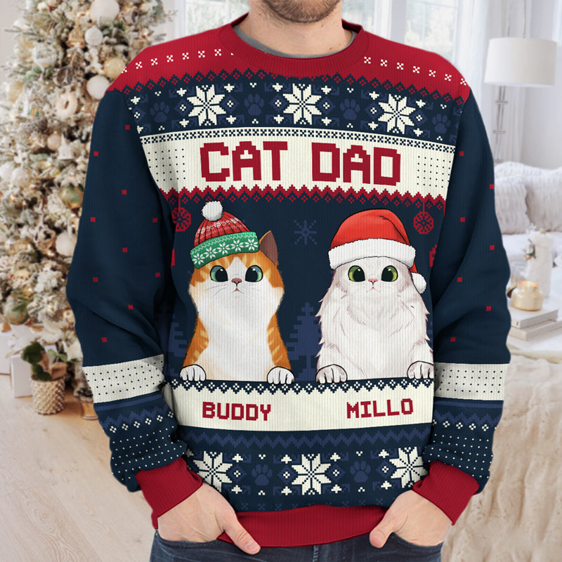 Merry Christmas Cat Dad Cat Mom - Personalized Custom Unisex Ugly Christmas Sweatshirt, Wool Sweatshirt, All-Over-Print Sweatshirt - Gift For Cat Lovers, Pet Lovers, Christmas New Arrival Gift