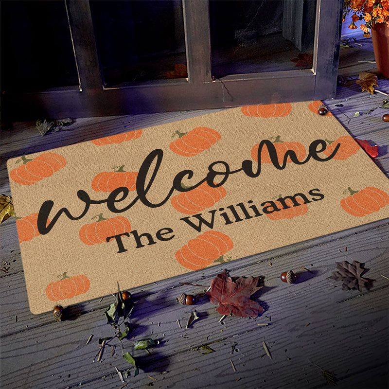 Custom Name Fall Pumpkin Welcome Decor - Personalized Doormat
