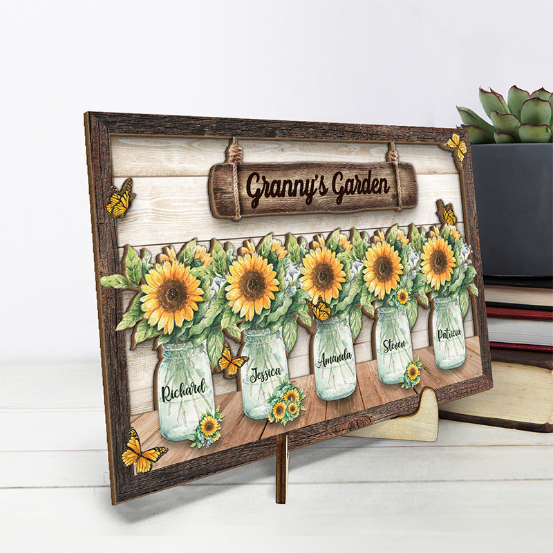 A Garden Of Love - Family Personalized Custom 2-Layered Wooden Plaque With Stand - House Warming Gift For Grandma
