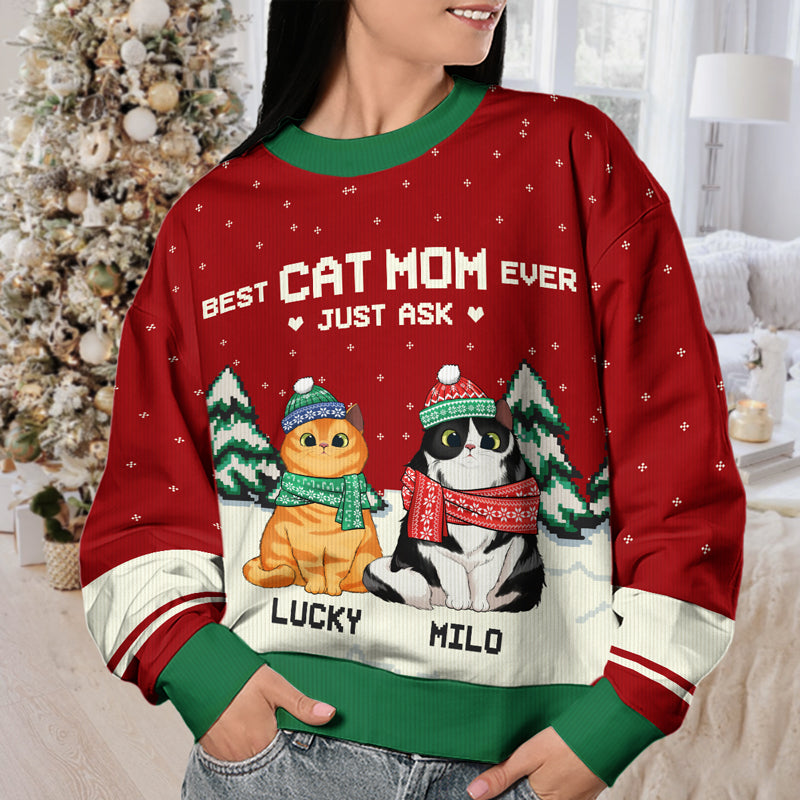 Best Cat Mom & Cat Dad Ever - Personalized Custom Unisex Ugly Christmas Sweatshirt, Wool Sweatshirt, All-Over-Print Sweatshirt - Gift For Cat Lovers, Pet Lovers, Christmas Gift