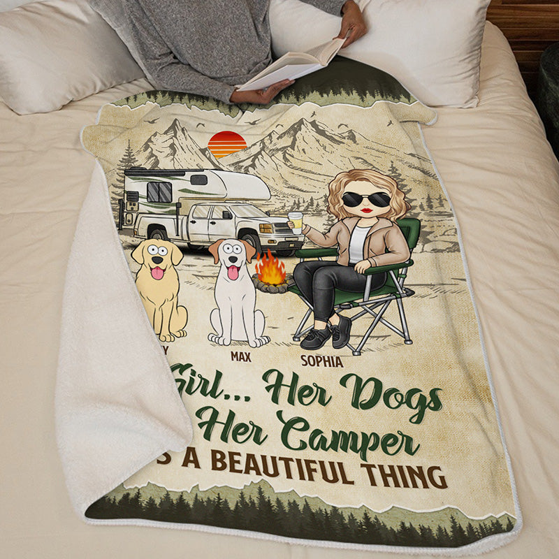 Campfire & Coffee Blanket - Camping Personalized Custom Blanket - Gift For Camping Lovers, Pet Owners, Pet Lovers