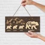 Custom Name Bear Family Mountain Gifts for Papa - Personalized Wood Sign