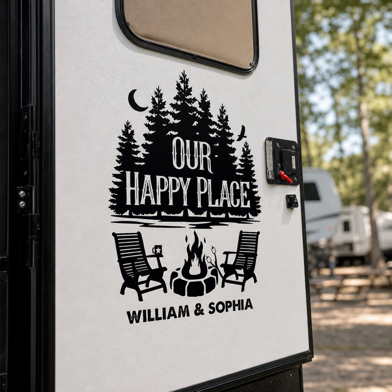 Our Happy Place - Camping Personalized Custom RV Decal - Gift For Camping Lovers