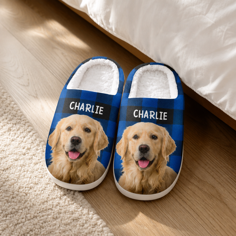 Custom Photo Dog Plaid Gifts for Pet Lovers - Personalized Fluffy Slippers