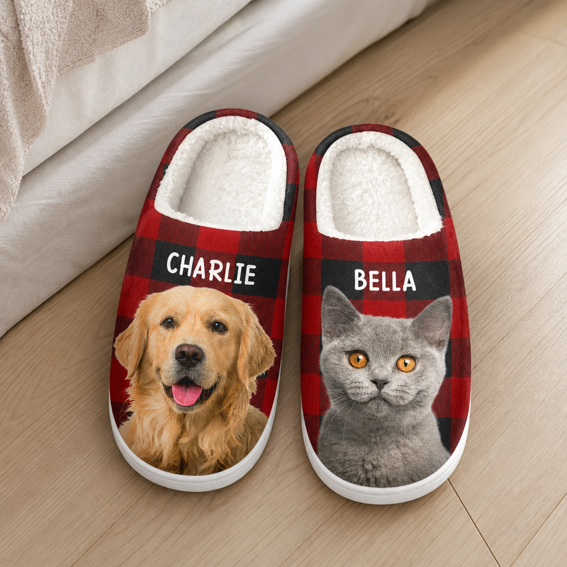 Custom Photo Dog Plaid Gifts for Pet Lovers - Personalized Fluffy Slippers