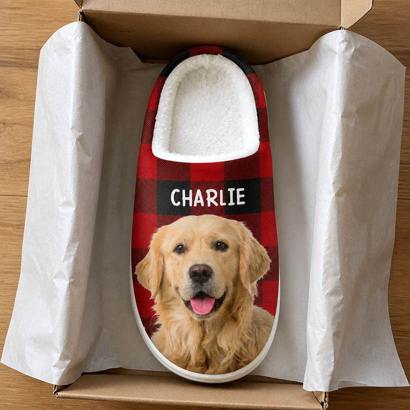 Custom Photo Dog Plaid Gifts for Pet Lovers - Personalized Fluffy Slippers