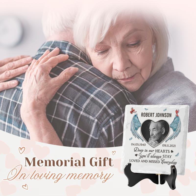 Custom Photo Deep In Our Hearts You'll Always Stay - Memorial Personalized Custom Square Shaped Ceramic Plaque With Stand - Sympathy Gift, Gift For Family Members