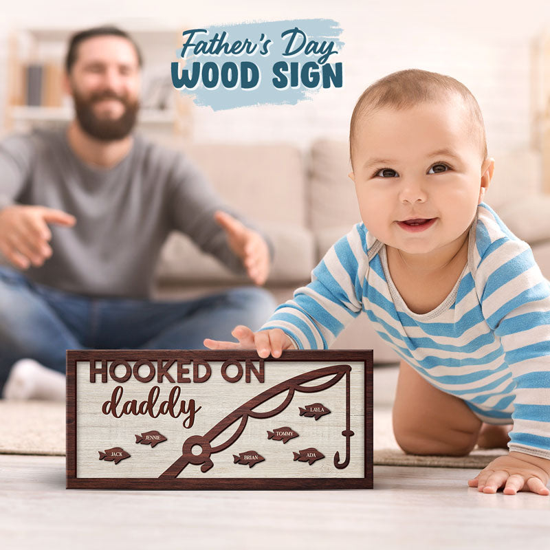 Hooked On Daddy - Family Personalized Custom Rectangle Shaped Home Decor Wood Sign - House Warming Gift For Dad, Grandpa