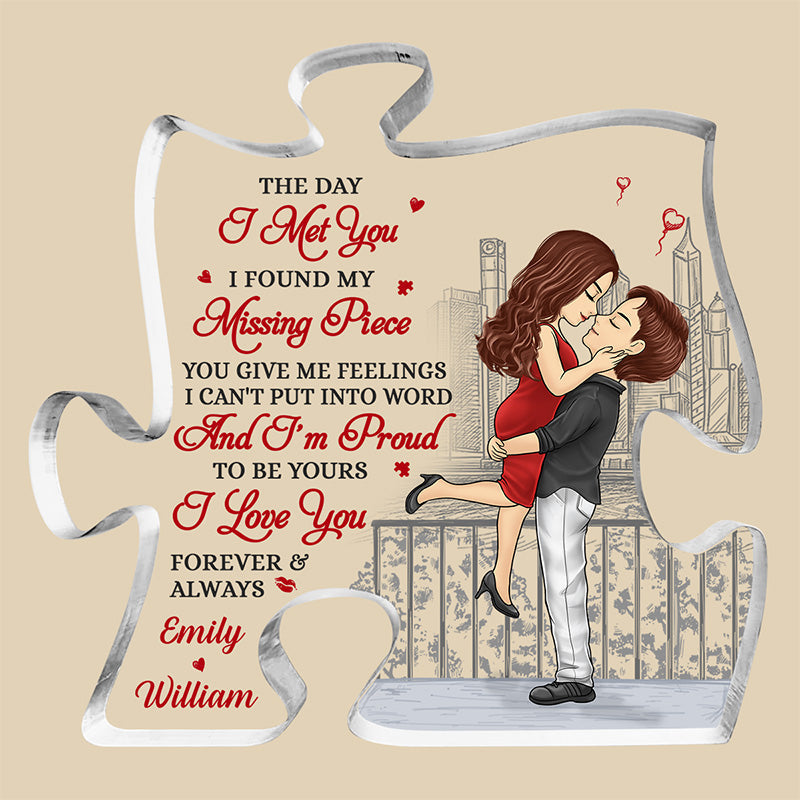 The Day I Met You - Couple Personalized Custom Puzzle Shaped Acrylic Plaque - Christmas Gift For Husband Wife, Anniversary