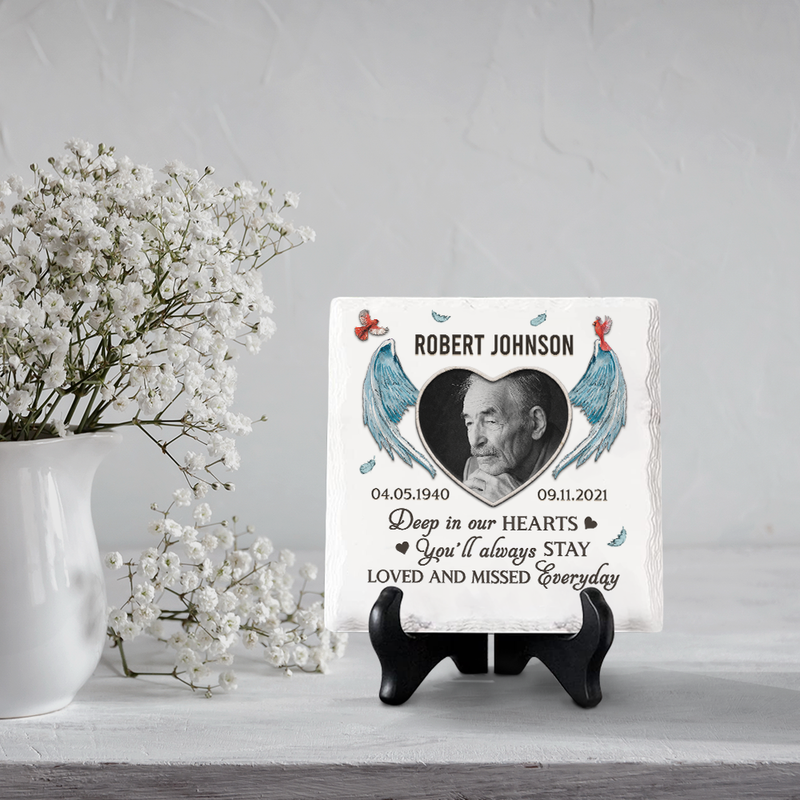 Custom Photo Deep In Our Hearts You'll Always Stay - Memorial Personalized Custom Square Shaped Ceramic Plaque With Stand - Sympathy Gift, Gift For Family Members