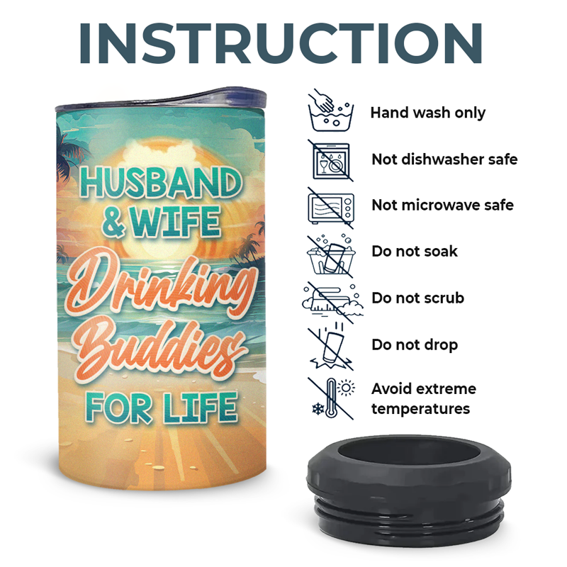 Husband & Wife Drinking Buddies For Life - Couple Personalized Custom 4 In 1 Can Cooler Tumbler - Summer Vacation, Gift For Husband Wife, Anniversary