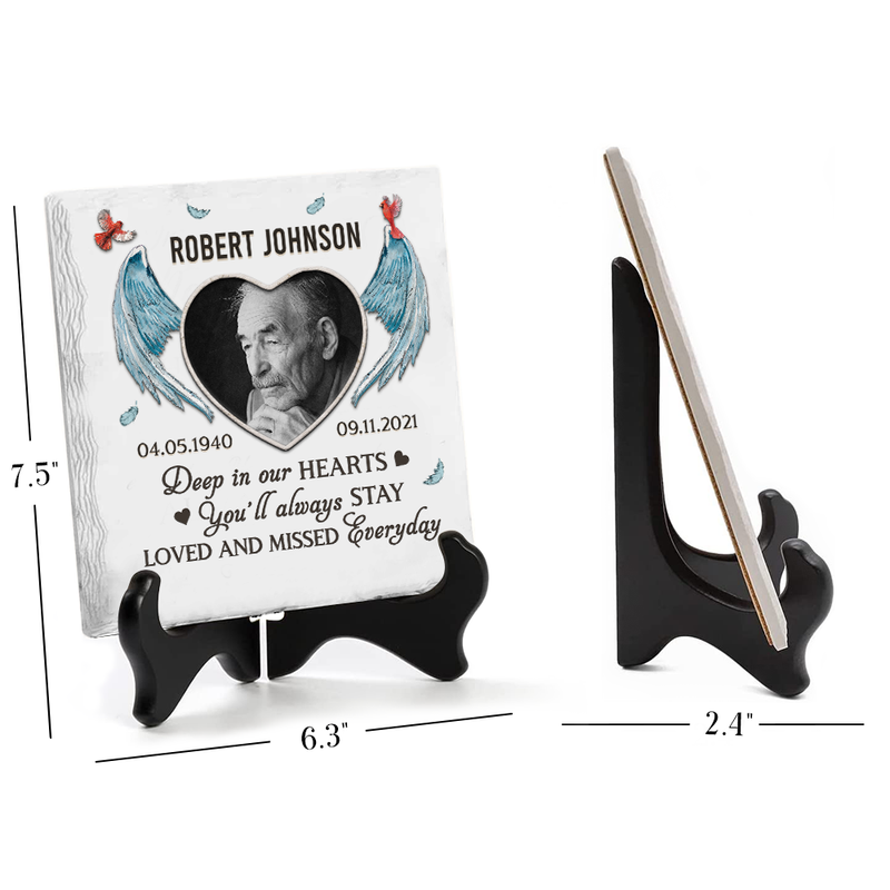Custom Photo Deep In Our Hearts You'll Always Stay - Memorial Personalized Custom Square Shaped Ceramic Plaque With Stand - Sympathy Gift, Gift For Family Members