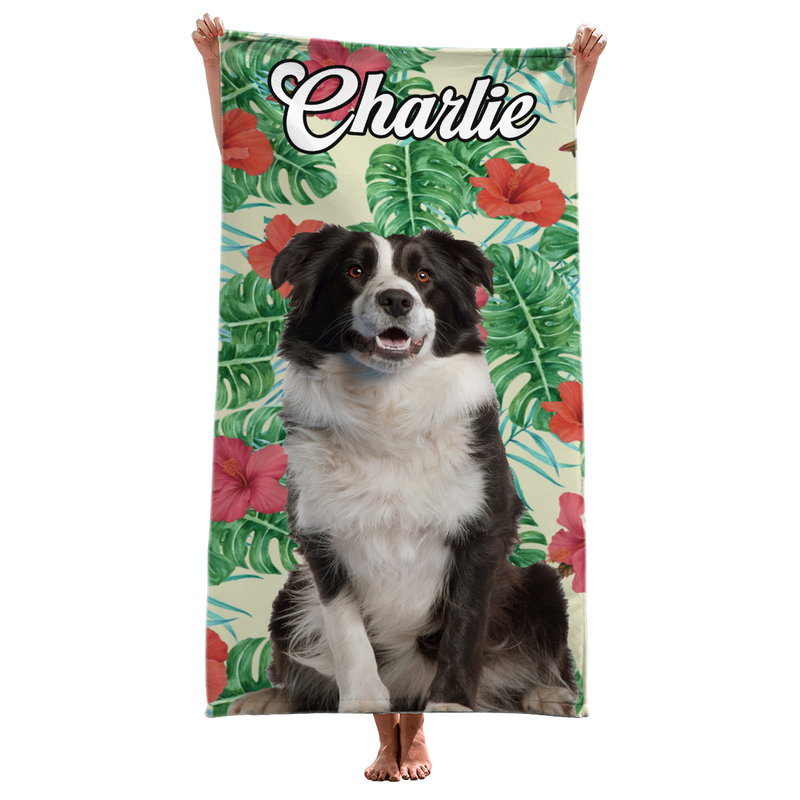 Custom Photo Tropical State Of Happiness - Dog & Cat Personalized Custom Beach Towel - Summer Vacation Gift, Gift For Family Members, Pet Owners, Pet Lovers
