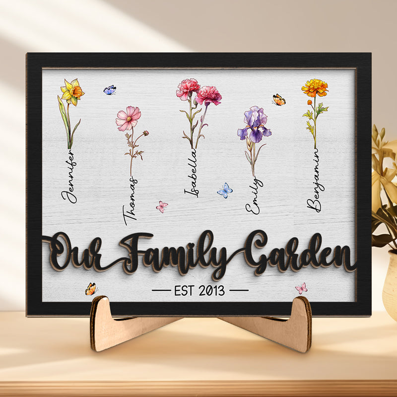 Our Family Garden - Family Personalized Custom 2-Layered Wooden Plaque With Stand - House Warming Gift For Family Members