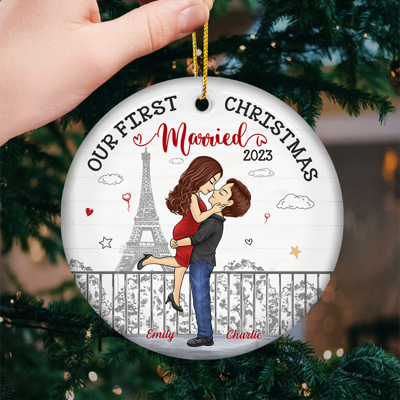 Our First Christmas - Couple Personalized Custom Ornament - Ceramic Round Shaped - Christmas Gift For Husband Wife, Anniversary