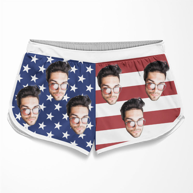 Custom Photo American Flag Couple Gifts - Personalized Couple Beach Shorts