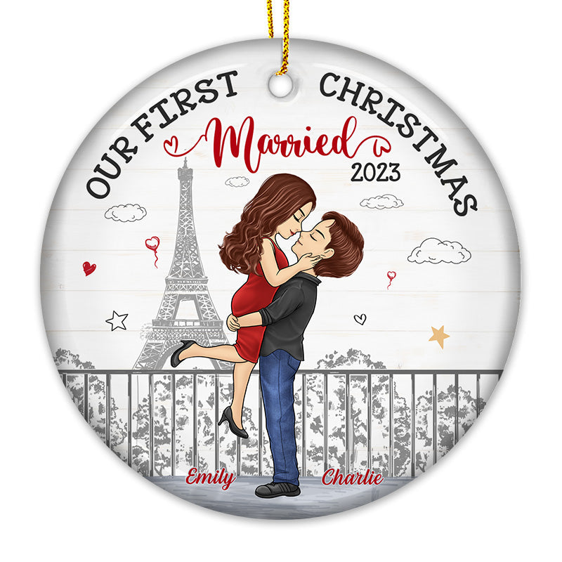 Our First Christmas - Couple Personalized Custom Ornament - Ceramic Round Shaped - Christmas Gift For Husband Wife, Anniversary