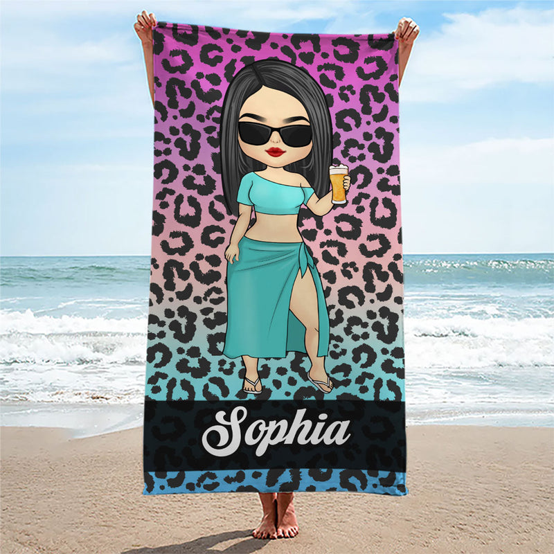 Custom Name Cartoon Girl Beach Gifts for Women - Personalized Beach Towel