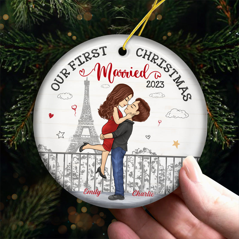 Our First Christmas - Couple Personalized Custom Ornament - Ceramic Round Shaped - Christmas Gift For Husband Wife, Anniversary