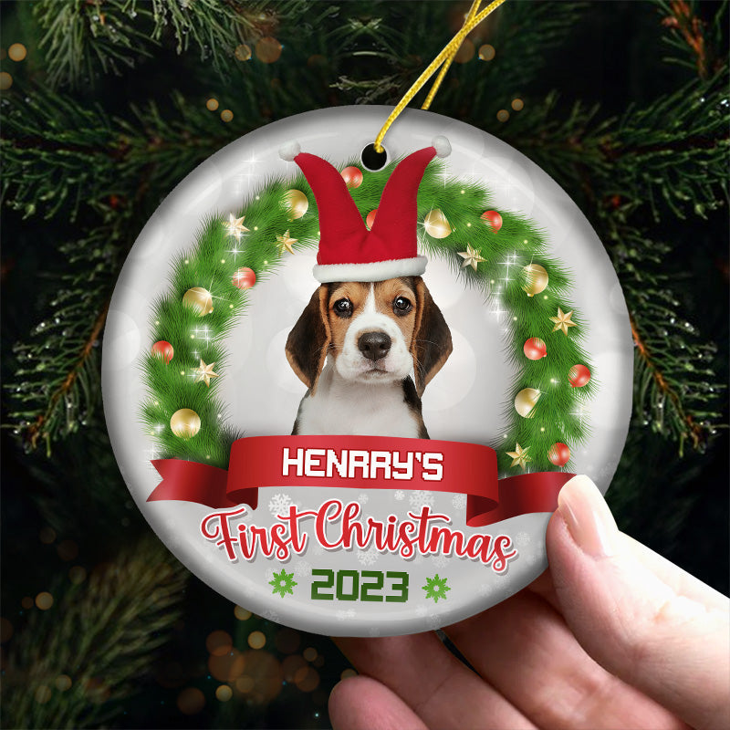 Custom Photo Pawsitively Excited For The First Christmas - Dog & Cat Personalized Custom Ornament - Ceramic Round Shaped - Christmas Gift For Pet Owners, Pet Lovers