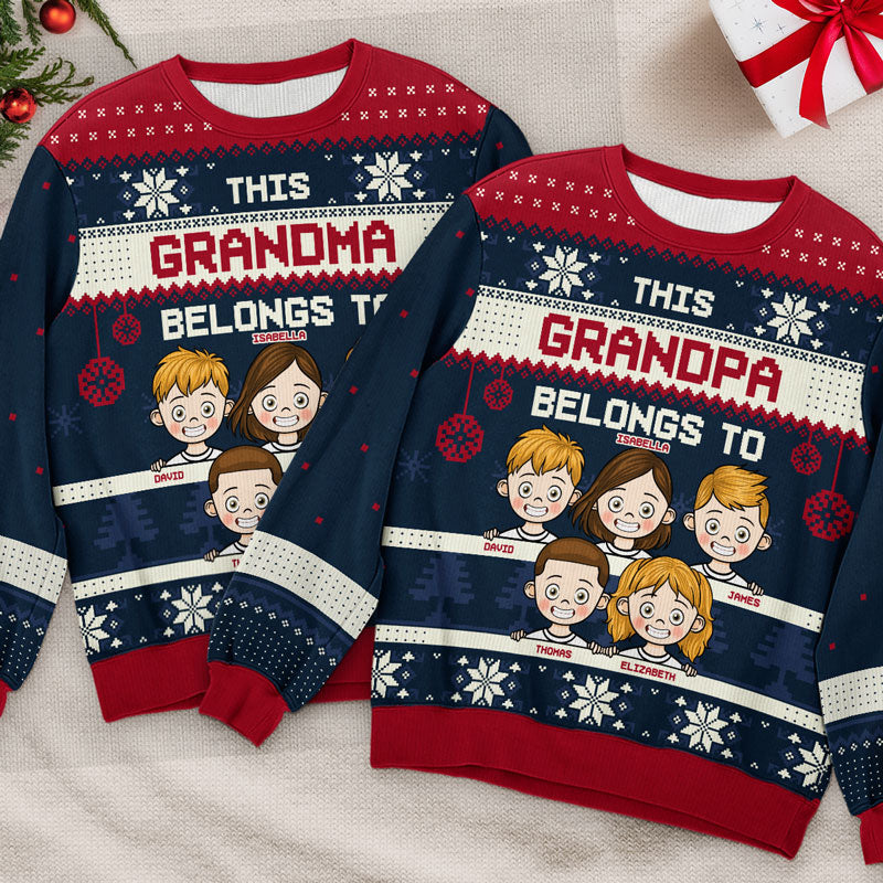 This Grandma Belongs To - Personalized Custom Unisex Ugly Christmas Sweatshirt, Wool Sweatshirt, All-Over-Print Sweatshirt -  Gift For Grandma, Grandparents, Christmas Gift